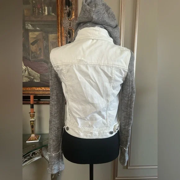 Free People Denim Hoodie Jacket Distressed Raw Edge Boho Layered Grunge Size XS - Picture 4 of 8